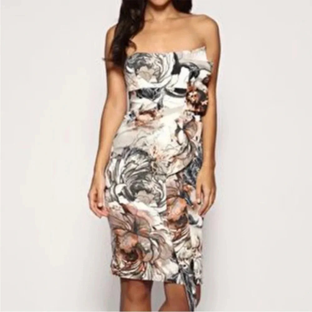 Karen Millen England Strapless Asymmetrical Ruffle Printed Dress Size 2